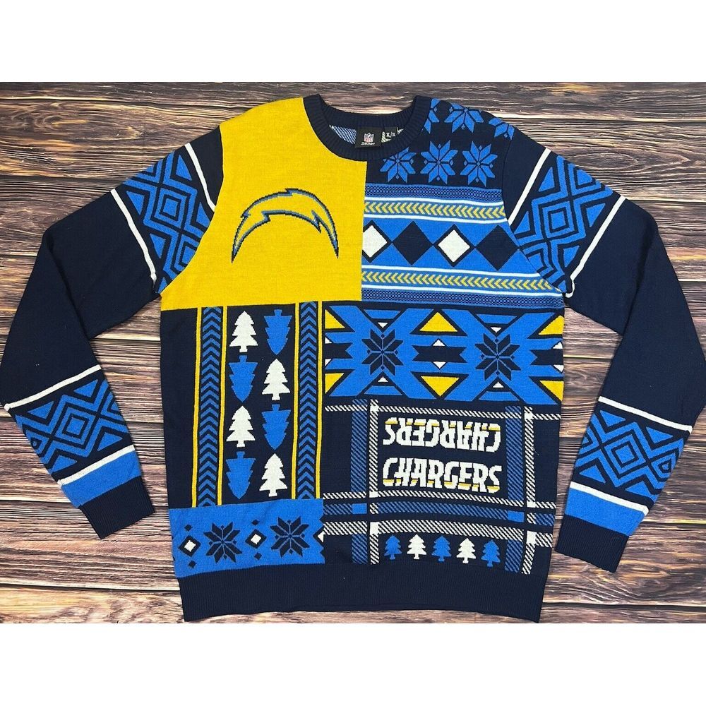 NFL Team Apparel LA Chargers Football Ugly Christmas Sweater Blue Yellow XL